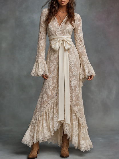 Ivory Floral Lace Bow Waist Maxi Dress