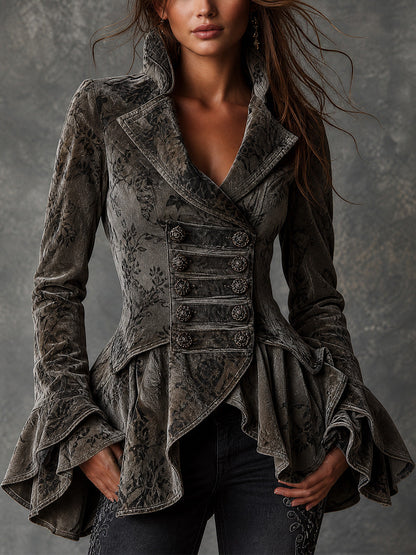 Vintage Jacquard Ruffle Military Jacket