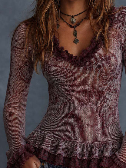 Burgundy Floral Crinkle Ruffle Top