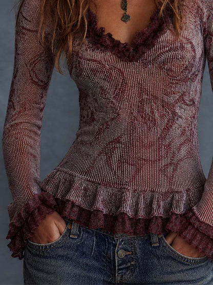 Burgundy Floral Crinkle Ruffle Top