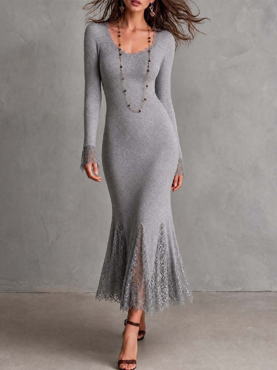 Elegant Long Sleeve Lace Cuff Ribbed Knit Lace Panel Mermaid Midi Dress