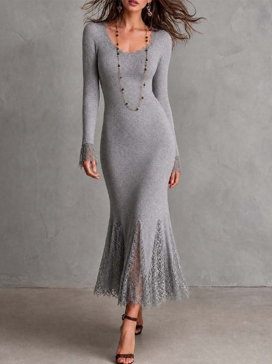 Elegant Long Sleeve Lace Cuff Ribbed Knit Lace Panel Mermaid Midi Dress