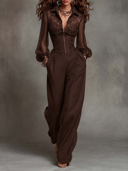 Vintage Elegant Lace Chiffon Long-Sleeve Zipper Corset Waist Jumpsuit