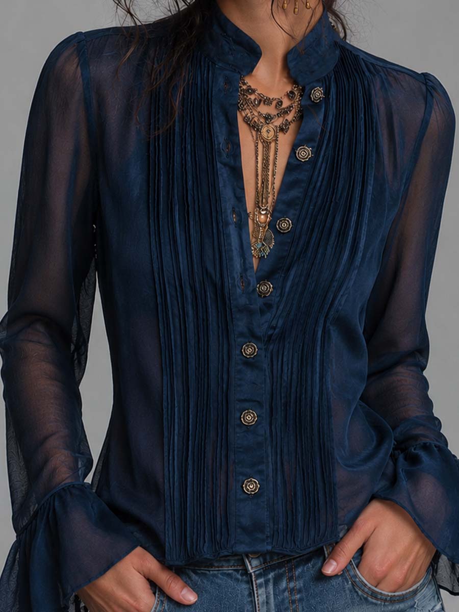 Stand Collar Pleated Front Button Down Flare Cuff Long Sleevs Sheer Chiffon Blouse
