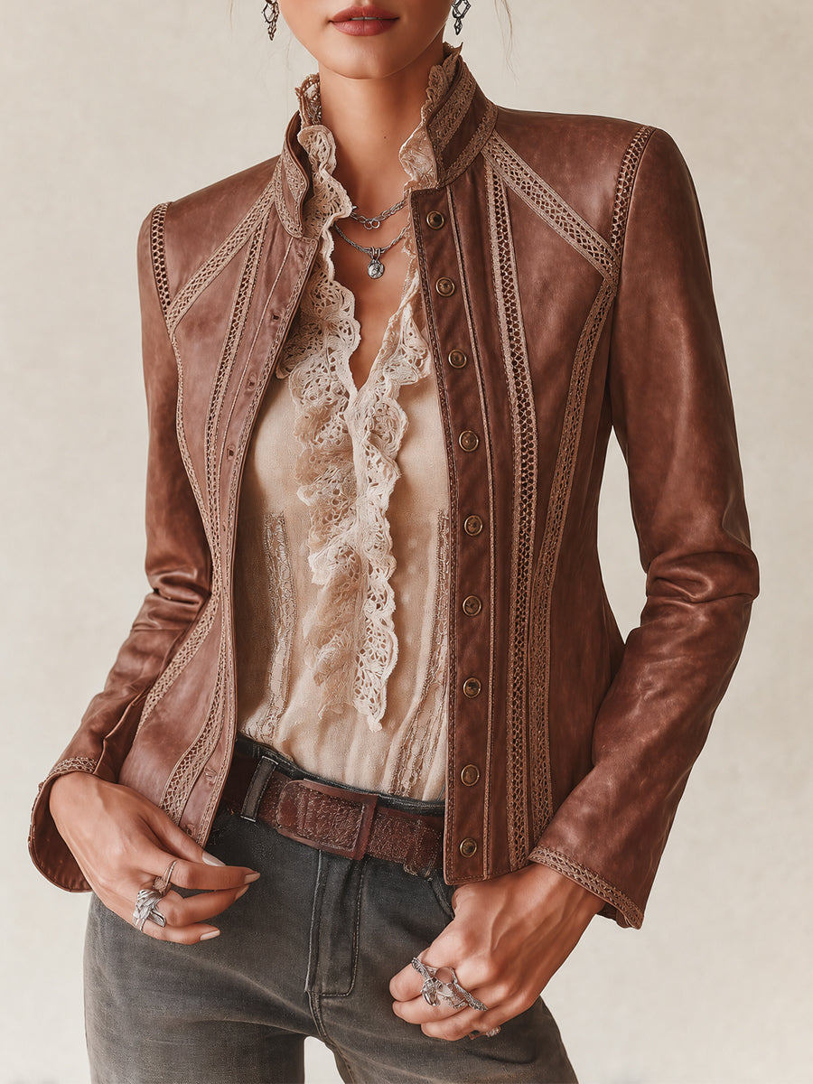 Women's Vintage Eco-friendly PU Jacket With Crochet Lace Trim