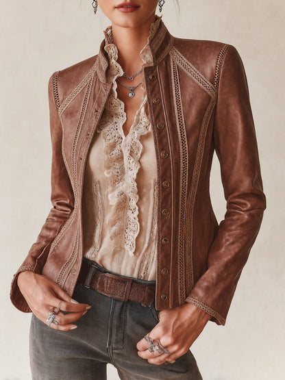 Women's Vintage Eco-friendly PU Jacket With Crochet Lace Trim