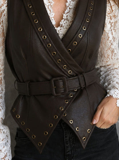 Vintage Dark Brown Faux LeatherWrap Belted Vest With Eyelet Trim