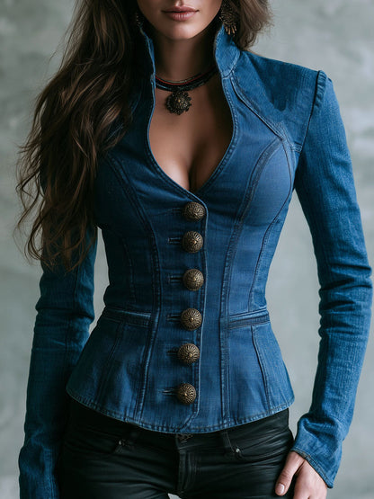 Retro Stand V Neck Medium Blue Denim Button Fitted Jacket