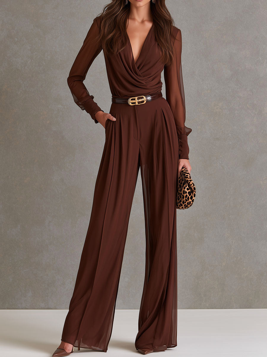 Elegant Cowl Neck Brown Chiffon Sheer Long Sleeve Wide Leg Jumpsuit