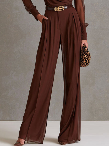 Elegant Cowl Neck Brown Chiffon Sheer Long Sleeve Wide Leg Jumpsuit