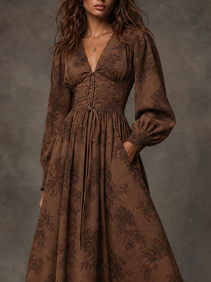 Brown Floral Lace-Up Bishop Sleeve Maxi Dress