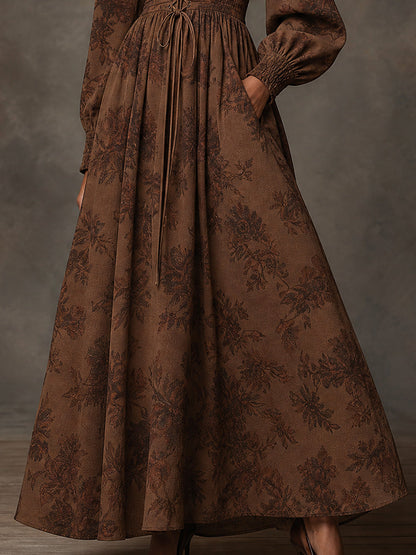 Brown Floral Lace-Up Bishop Sleeve Maxi Dress