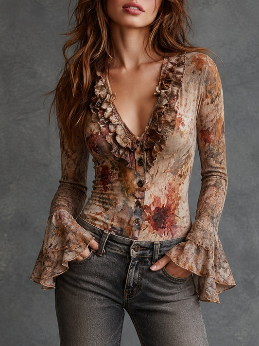 Boho Floral Ruffle Bell Sleeve Blouse