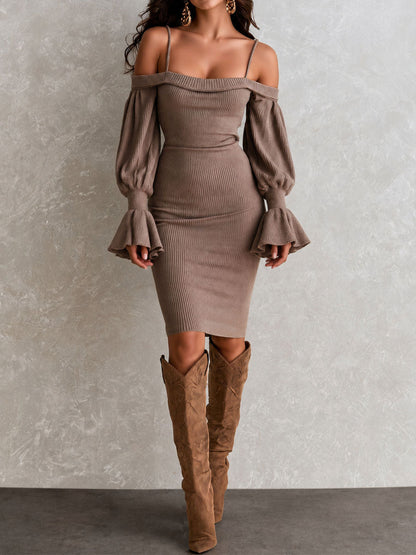 Retro Elegant Taupe Ribbed Knit Cold Shoulder Midi Dress