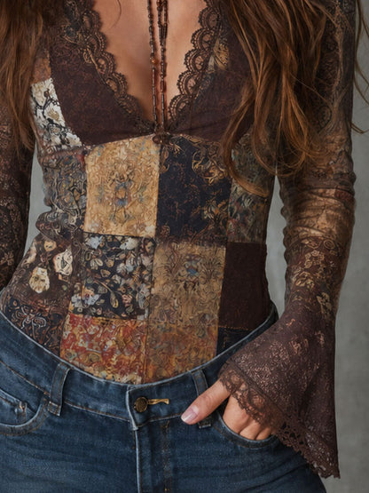 Retro Boho Patchwork Floral Print Lace Trim Top