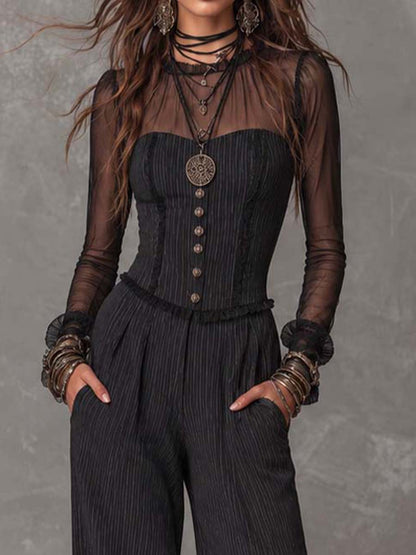 High Neck Sheer Mesh Sleeve Strapless Corset Button Pinstripe Woven Fabric Pocket Wide Leg Jumpsuit