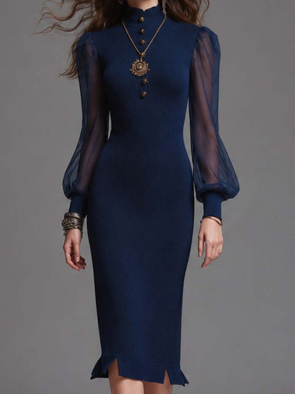 High Neck Half Button Contrast Sheer Chiffon Puff Sleeve Ruffle Hem Ribbed Knit Midi Dress