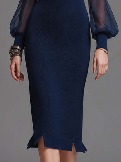 High Neck Half Button Contrast Sheer Chiffon Puff Sleeve Ruffle Hem Ribbed Knit Midi Dress