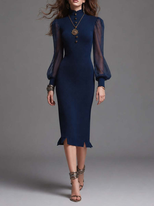 High Neck Half Button Contrast Sheer Chiffon Puff Sleeve Ruffle Hem Ribbed Knit Midi Dress