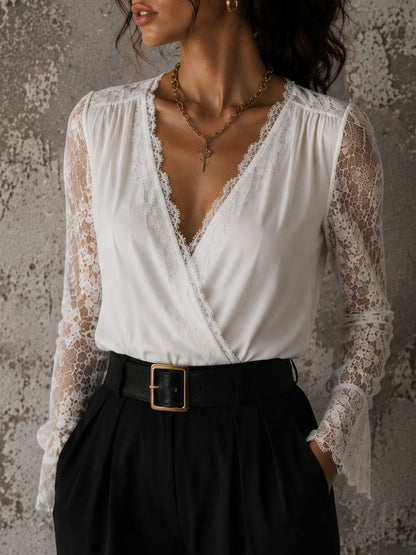Elegant Surplice V Neck Sheer Lace Sleeve Blouse