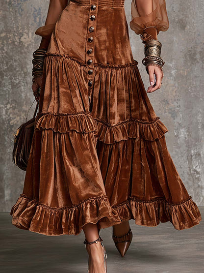 Vintage-style Polyester Velvet Contrasting Lace Trim Midi Dress