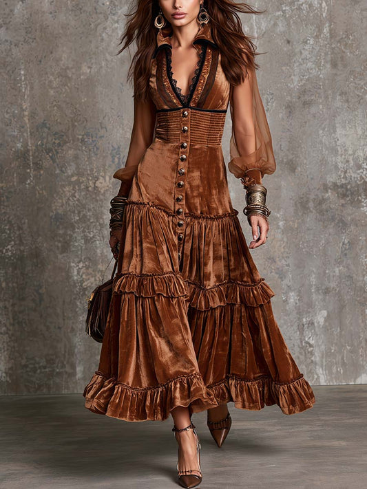 Vintage-style Polyester Velvet Contrasting Lace Trim Midi Dress