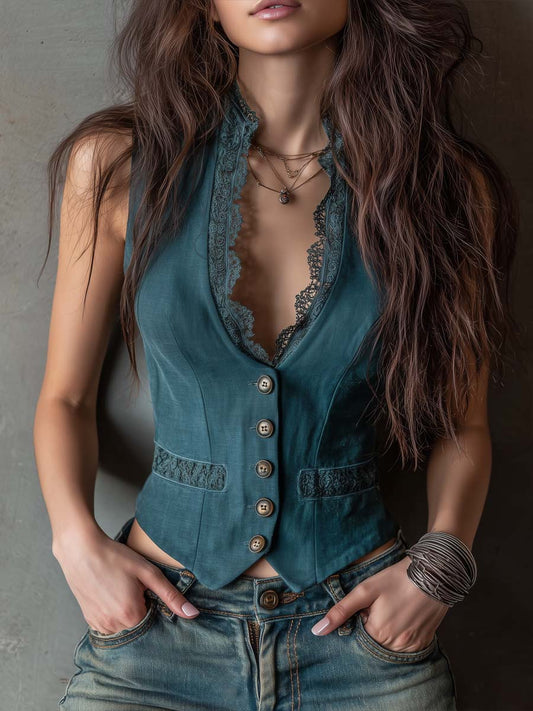 Vintage Lace Trim Cotton-linen Vest