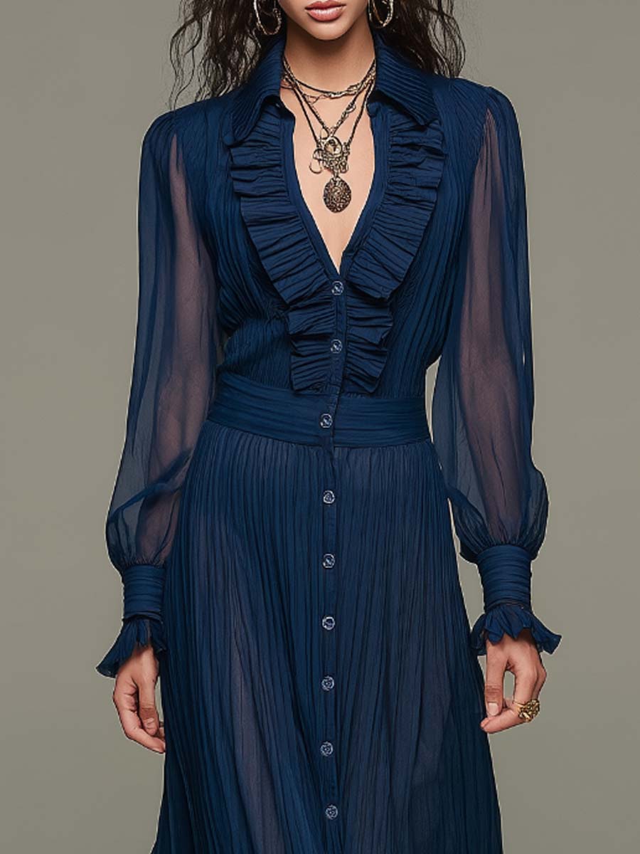 Vintage Elegance Serene Blue Chiffon Pleated Mid-Length Dress