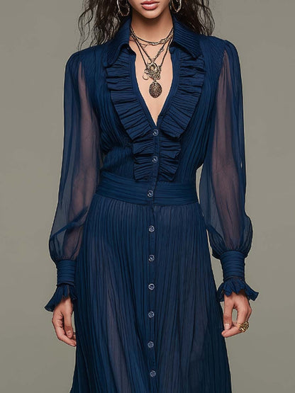 Vintage Elegance Serene Blue Chiffon Pleated Mid-Length Dress