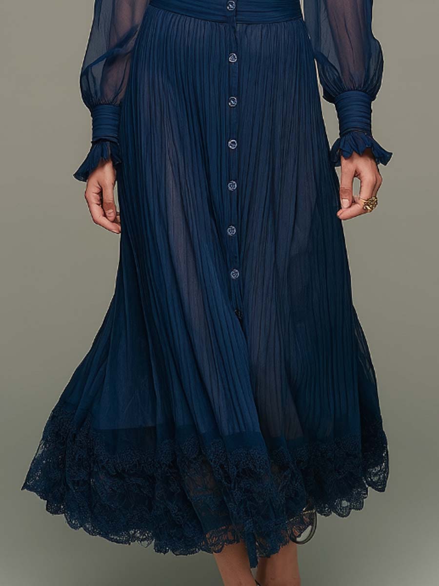 Vintage Elegance Serene Blue Chiffon Pleated Mid-Length Dress