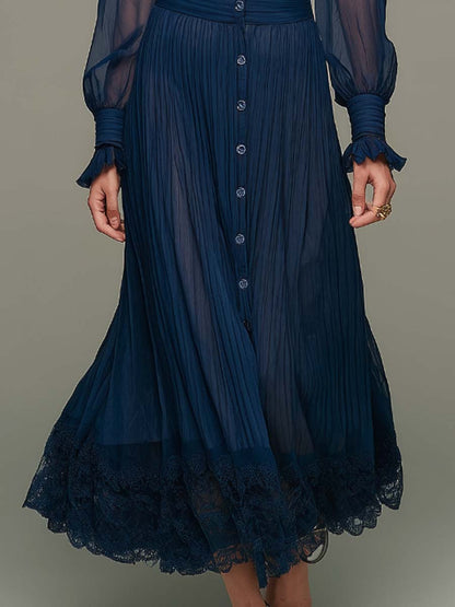 Vintage Elegance Serene Blue Chiffon Pleated Mid-Length Dress