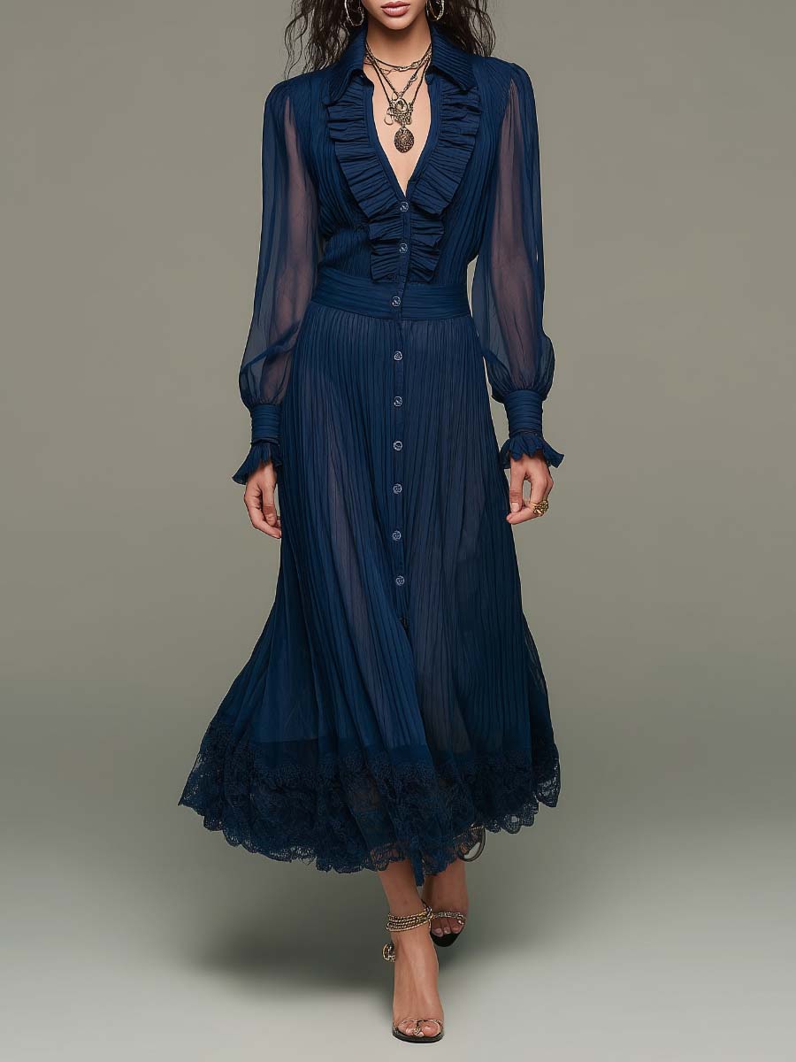 Vintage Elegance Serene Blue Chiffon Pleated Mid-Length Dress