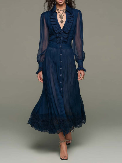 Vintage Elegance Serene Blue Chiffon Pleated Mid-Length Dress