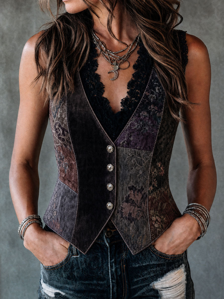 Boho Floral Patchwork Print Velvet Button Vest