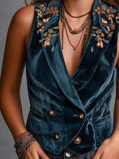 Boho Floral Embroidered Double-Breasted Vest