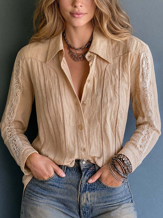 Boho Lace Panel Button-Front Shirt Blouse