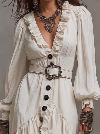 Ruffle V Neck Balloon Sleeve Button Front High Low Ruffle Hem Crinkled Textured Midi Dress With Belt
