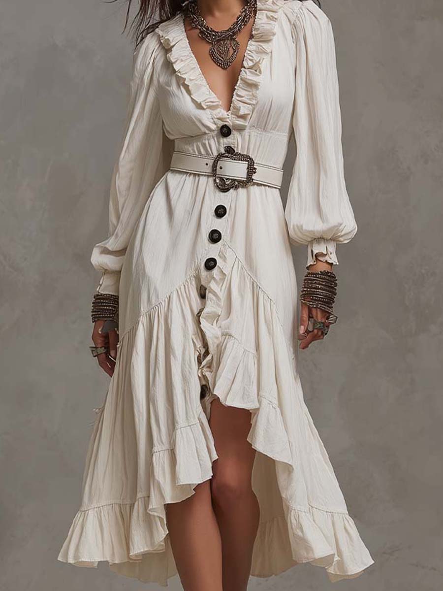Ruffle V Neck Balloon Sleeve Button Front High Low Ruffle Hem Crinkled Textured Midi Dress With Belt