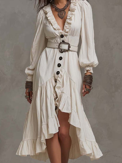 Ruffle V Neck Balloon Sleeve Button Front High Low Ruffle Hem Crinkled Textured Midi Dress With Belt