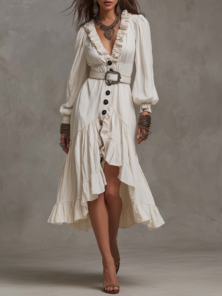 Ruffle V Neck Balloon Sleeve Button Front High Low Ruffle Hem Crinkled Textured Midi Dress With Belt