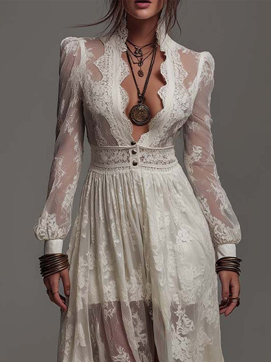 Romantic Bohemian Stand V Collar Puff Long Sleeve Button Waist Ruffle Hem Sheer Floral Lace Chiffon Maxi Dress