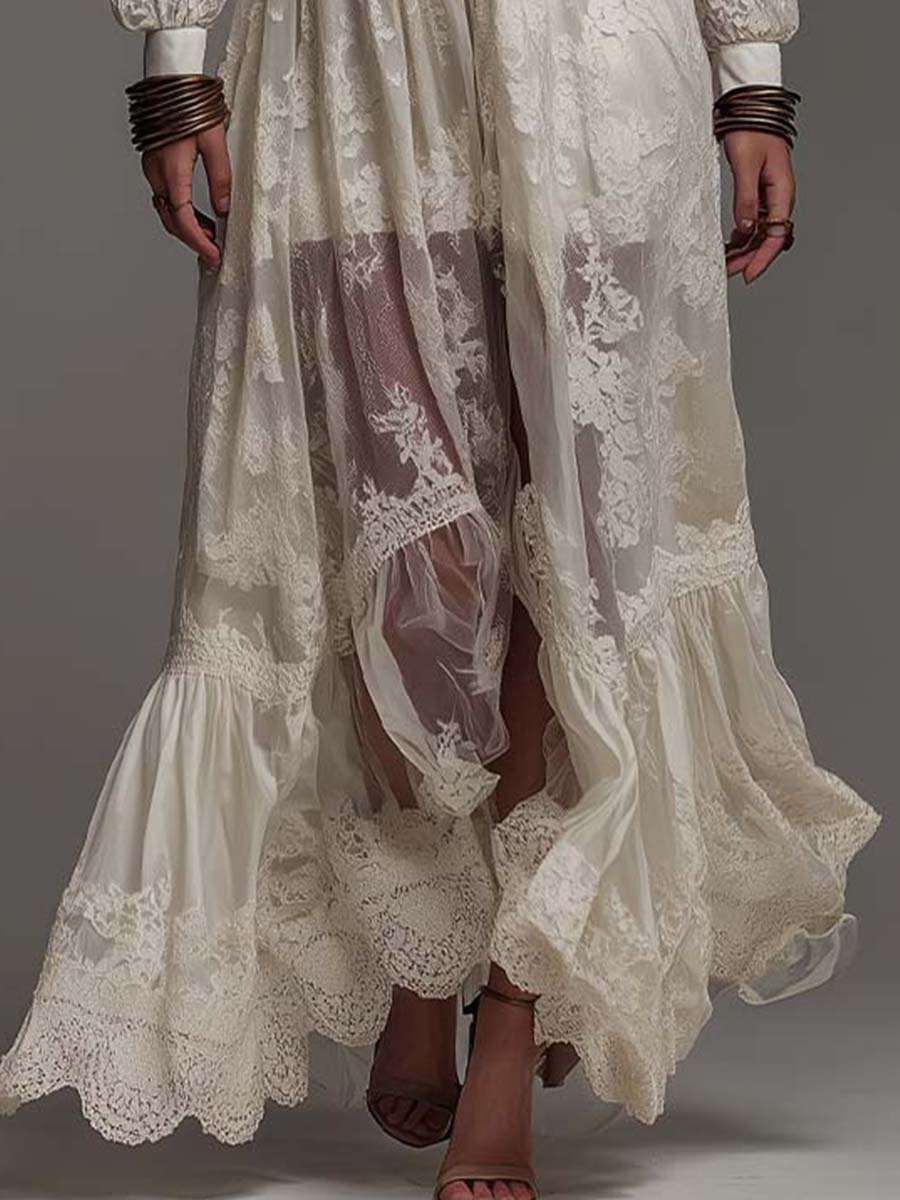 Romantic Bohemian Stand V Collar Puff Long Sleeve Button Waist Ruffle Hem Sheer Floral Lace Chiffon Maxi Dress