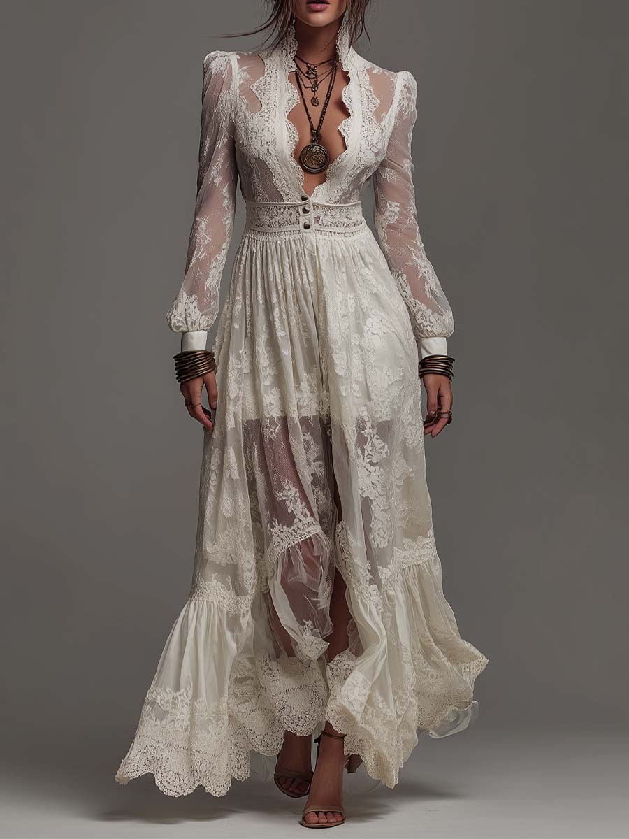 Romantic Bohemian Stand V Collar Puff Long Sleeve Button Waist Ruffle Hem Sheer Floral Lace Chiffon Maxi Dress