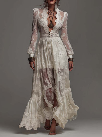 Romantic Bohemian Stand V Collar Puff Long Sleeve Button Waist Ruffle Hem Sheer Floral Lace Chiffon Maxi Dress