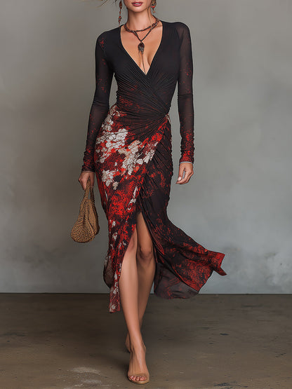 Elegant Printed Mesh Long-sleeve Wrap Midi Dress