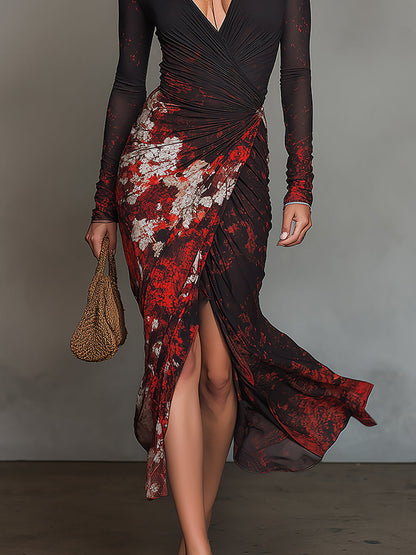 Elegant Printed Mesh Long-sleeve Wrap Midi Dress