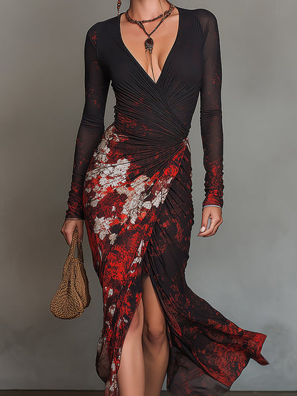 Elegant Printed Mesh Long-sleeve Wrap Midi Dress