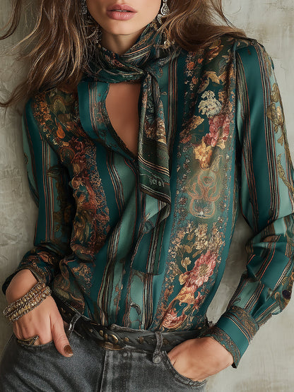 Vintage Luxury Floral Print Satin Blouse With A Tie-neck Detail