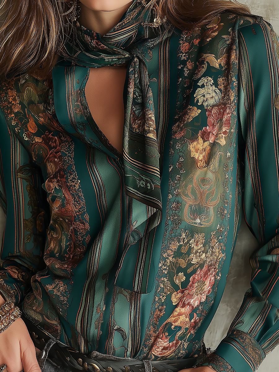 Vintage Luxury Floral Print Satin Blouse With A Tie-neck Detail