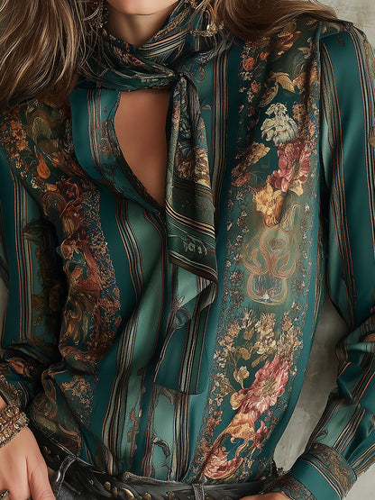 Vintage Luxury Floral Print Satin Blouse With A Tie-neck Detail